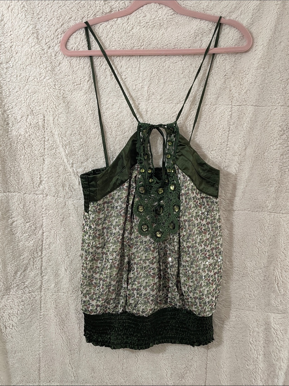 Miss Kelly 1999 Olive Green Floral Embroidered Camisole Tank